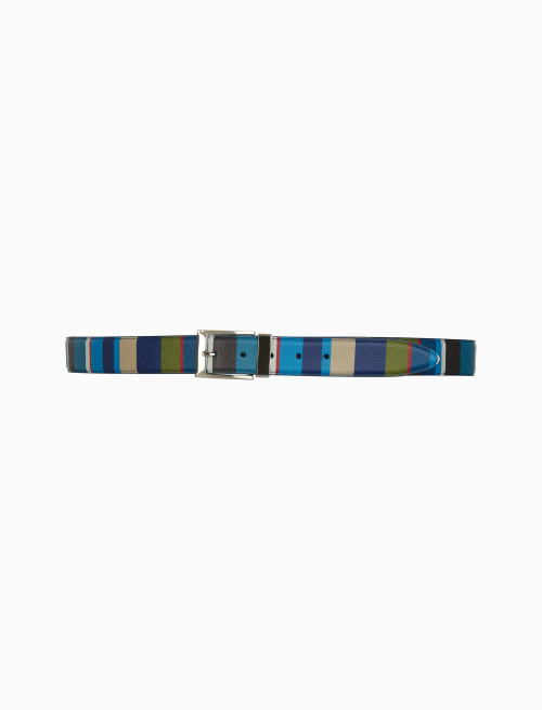Unisex blue reversible and length-adjustable hammered leather belt with multicoloured stripes - Small Leather Goods | Gallo 1927 - Official Online Shop