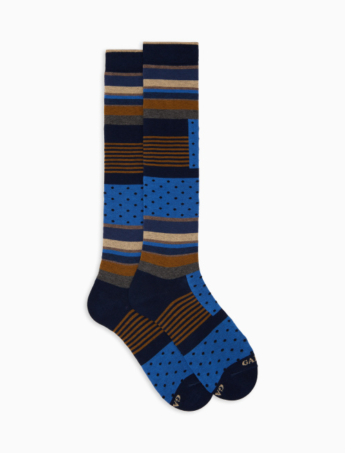 Caloze lunghe uomo cotone blu fantasia blocchi multicolor, pois e windsor - Calze | Gallo 1927 - Official Online Shop