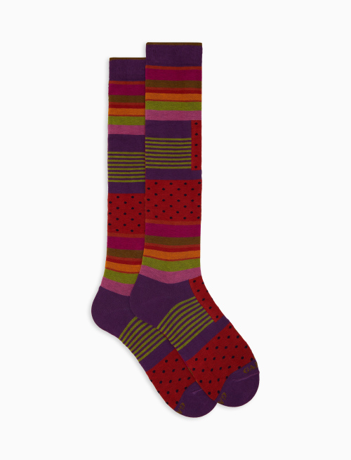 Women's long purple cotton socks with multicolour block motif, polka dots and Windsor stripes - Socks | Gallo 1927 - Official Online Shop
