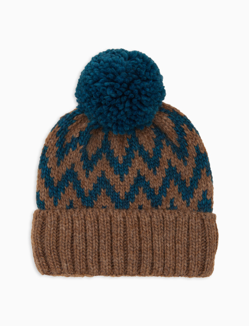 Unisex brown wool beanie with cuff, pompom and chevron motif | Gallo 1927 - Official Online Shop