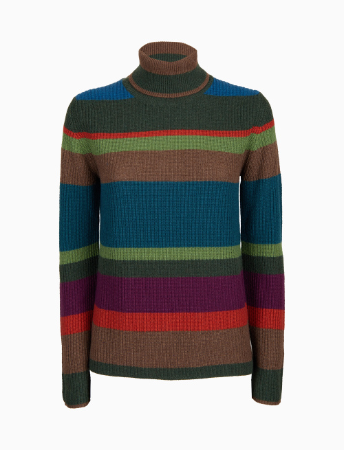 Pull dolcevita donna lana, viscosa e cashmere verde a coste righe multicolor - Maglieria | Gallo 1927 - Official Online Shop