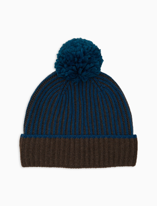 Berretto con risvolto e pom pon unisex lana, viscosa e cashmere blu costa inglese vanisé | Gallo 1927 - Official Online Shop
