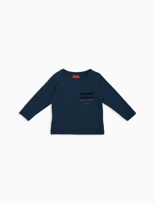 Kids' garment-dyed blue cotton long-sleeved T-shirt with multicoloured fleece pocket - Clothing | Gallo 1927 - Official Online Shop