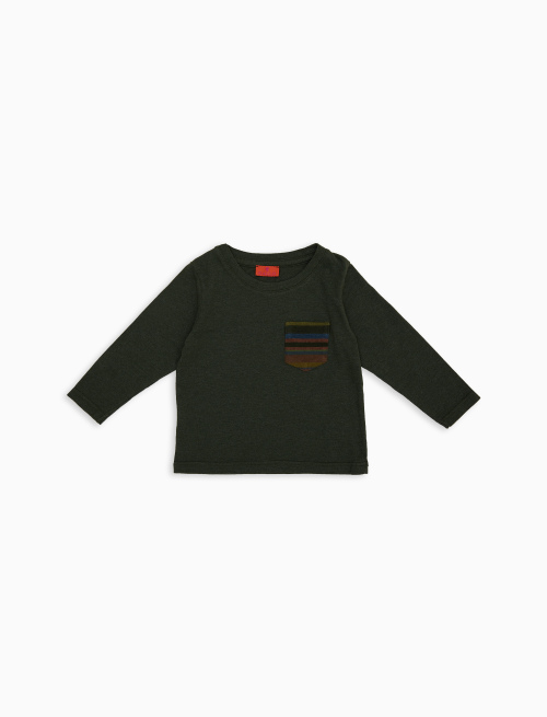Kids' garment-dyed green cotton long-sleeved T-shirt with multicoloured fleece pocket - Clothing | Gallo 1927 - Official Online Shop