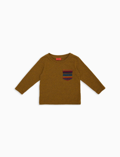 Kids' garment-dyed yellow cotton long-sleeved T-shirt with multicoloured fleece pocket - Clothing | Gallo 1927 - Official Online Shop