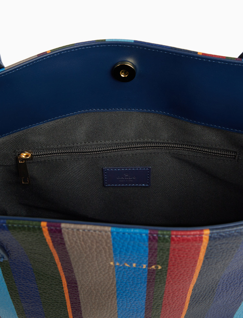 Borsa shopping grande donna in pelle martellata blu righe multicolor - Accessori | Gallo 1927 - Official Online Shop