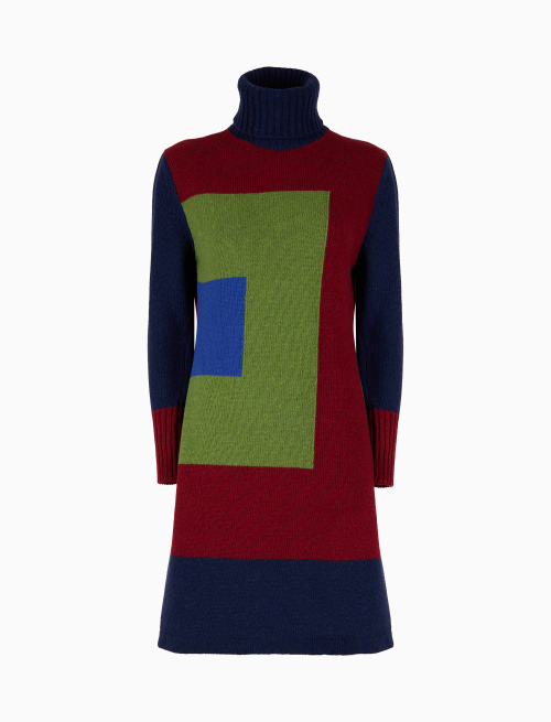 Women's blue wool turtleneck dress with concentric square motif - Clothing | Gallo 1927 - Official Online Shop