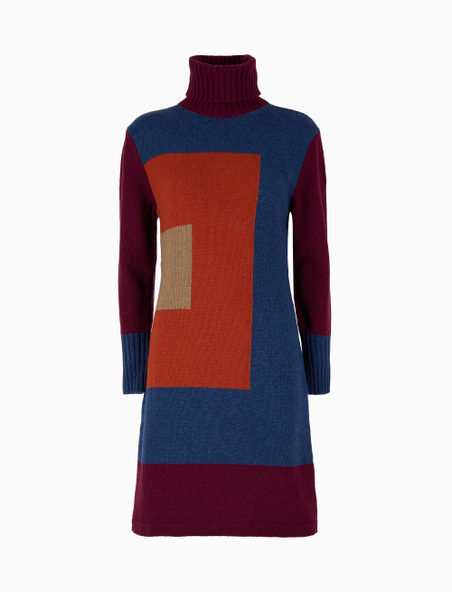 Women's green wool turtleneck dress with concentric square motif - Clothing | Gallo 1927 - Official Online Shop