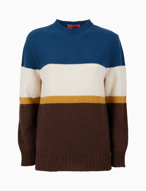 Women's block brown wool crew-neck with multicoloured stripes - Clothing | Gallo 1927 - Official Online Shop