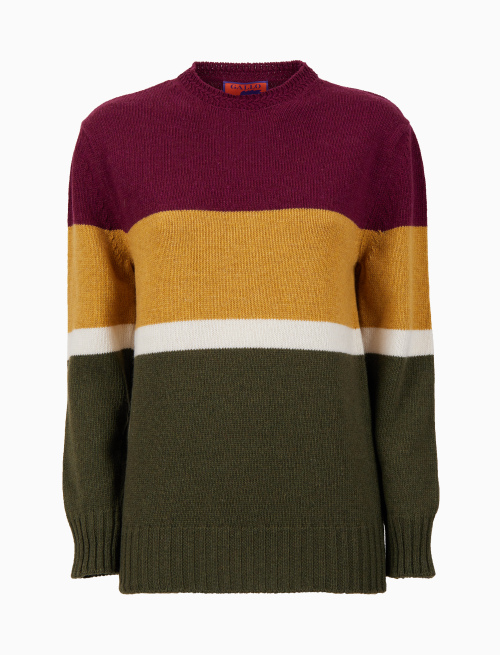 Women's block green wool crew-neck with multicoloured stripes - Clothing | Gallo 1927 - Official Online Shop