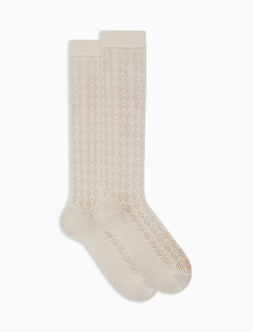 Women's long plain white cotton and cashmere socks with openwork - Woman | Gallo 1927 - Official Online Shop