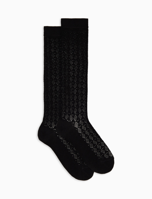 Women's long plain black cotton and cashmere socks with openwork - Woman | Gallo 1927 - Official Online Shop