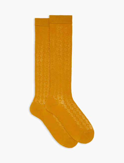 Women's long plain yellow cotton and cashmere socks with openwork - Woman | Gallo 1927 - Official Online Shop