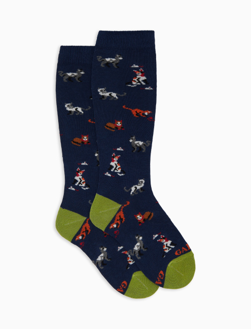 Kids' long blue cotton socks with cat, mouse and yarn ball motif | Gallo 1927 - Official Online Shop