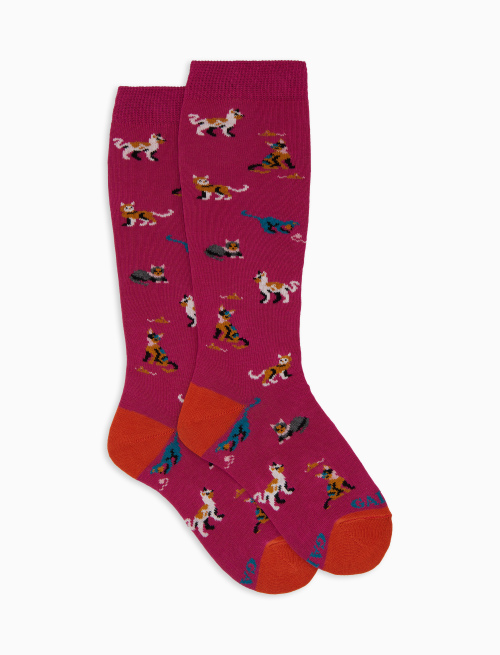 Kids' long fuchsia cotton socks with cat, mouse and yarn ball motif - Black Friday Kids | Gallo 1927 - Official Online Shop