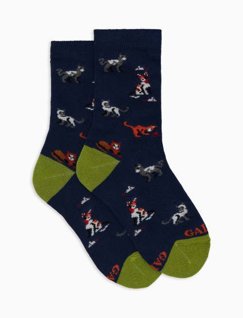 Kids' short blue cotton socks with cat, mouse and yarn ball motif - Black Friday Kids | Gallo 1927 - Official Online Shop
