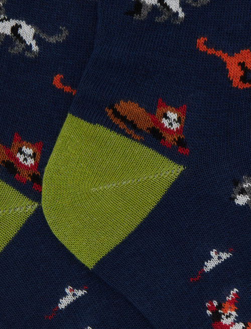 Kids' short blue cotton socks with cat, mouse and yarn ball motif - Black Friday Kids | Gallo 1927 - Official Online Shop