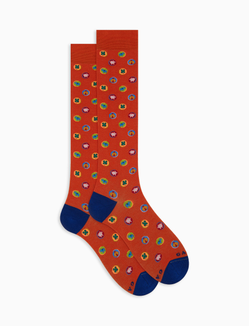 Men's long cotton socks with lucky charms pattern orange - The SS Edition | Gallo 1927 - Official Online Shop