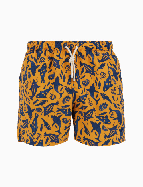 Men's yellow swimming shorts with primordial fish pattern - Man | Gallo 1927 - Official Online Shop
