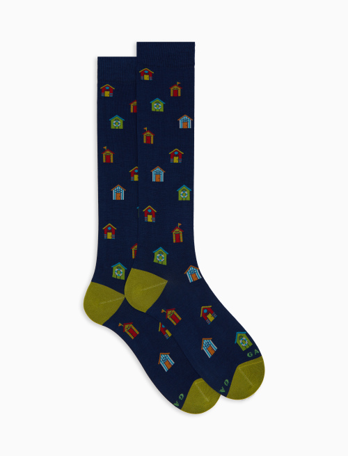 Men's blue long cotton socks with beach cabin pattern - The SS Edition | Gallo 1927 - Official Online Shop