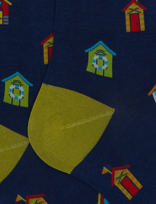 Men's blue long cotton socks with beach cabin pattern - The SS Edition | Gallo 1927 - Official Online Shop