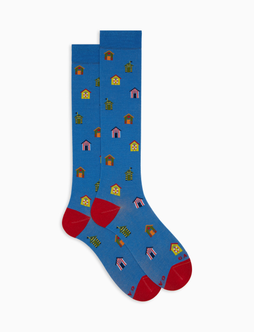 Men's light blue long cotton socks with beach cabin pattern - The SS Edition | Gallo 1927 - Official Online Shop