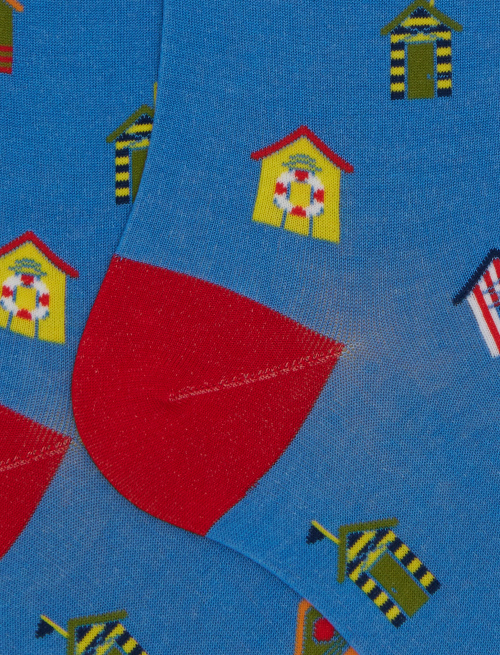 Men's light blue long cotton socks with beach cabin pattern - The SS Edition | Gallo 1927 - Official Online Shop