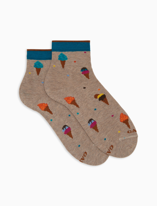 Women's beige ultra-short cotton socks with ice cream pattern - Super short | Gallo 1927 - Official Online Shop