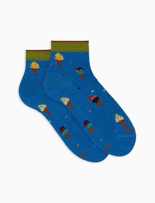 Women's light blue ultra-short cotton socks with ice cream pattern - Super short | Gallo 1927 - Official Online Shop