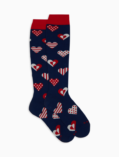 Women's blue long cotton socks with Valentine's hearts pattern - Woman | Gallo 1927 - Official Online Shop