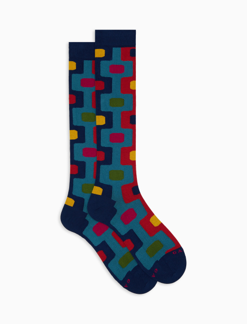 Men's blue long cotton socks with vertical geometric pattern - Man | Gallo 1927 - Official Online Shop