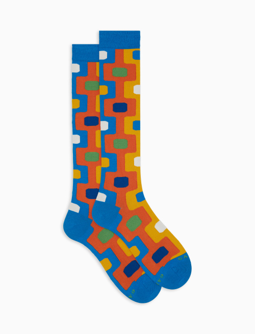 Men's light blue long cotton socks with vertical geometric pattern - Man | Gallo 1927 - Official Online Shop