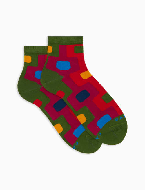 Women's green ultra-short cotton socks with vertical geometric pattern - Super short | Gallo 1927 - Official Online Shop