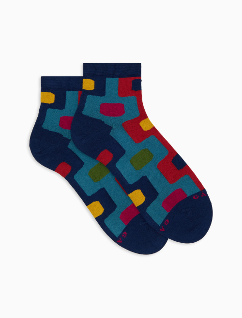 Women's blue ultra-short cotton socks with vertical geometric pattern - Super short | Gallo 1927 - Official Online Shop