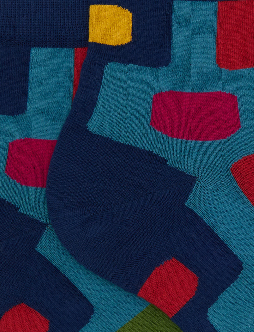 Women's blue ultra-short cotton socks with vertical geometric pattern - Super short | Gallo 1927 - Official Online Shop