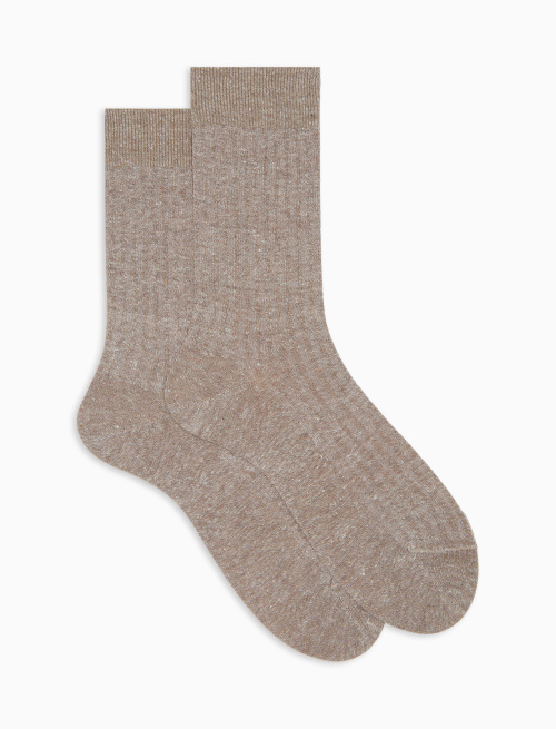 Men's beige short cotton and linen socks with ribbed solid color - Short | Gallo 1927 - Official Online Shop
