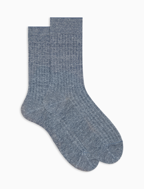 Men's blue short cotton and linen socks with ribbed solid color - Short | Gallo 1927 - Official Online Shop