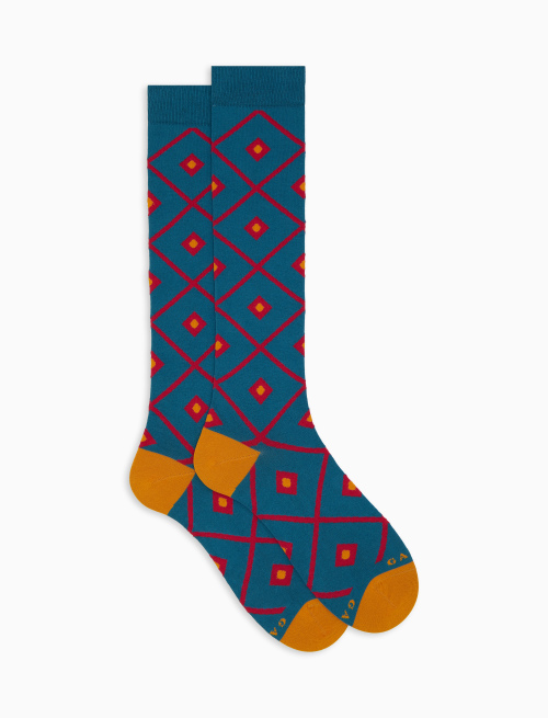 Women's light blue long cotton socks with argyle pattern - Socks | Gallo 1927 - Official Online Shop