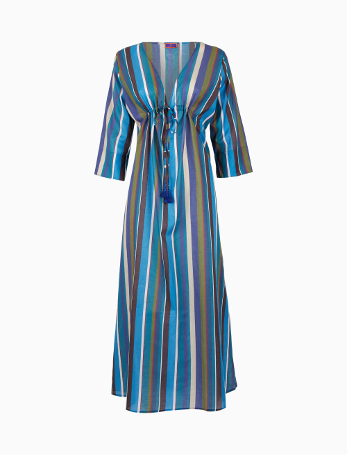 Women's blue long cotton kaftan with vertical multicolor stripes - Woman | Gallo 1927 - Official Online Shop
