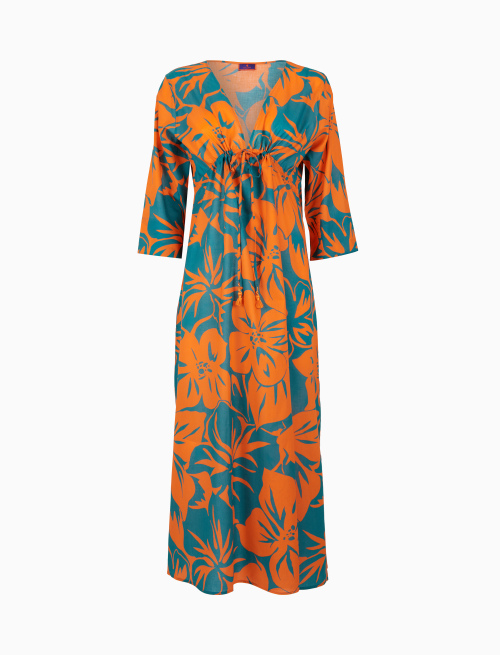 Women's orange long cotton kaftan with floral pattern - Woman | Gallo 1927 - Official Online Shop