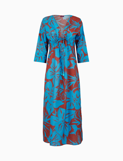Women's light blue long cotton kaftan with floral pattern - Woman | Gallo 1927 - Official Online Shop