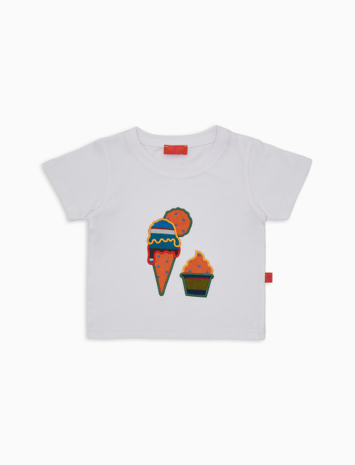 T-shirt girocollo bambino cotone tinta unita bianco con ricamo gelato - Abbigliamento Bambina | Gallo 1927 - Official Online Shop
