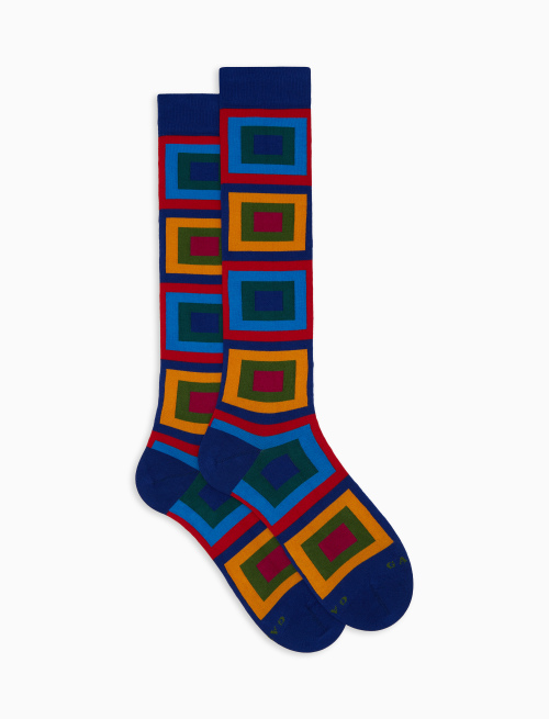Men's blue long cotton socks with concentric square pattern - Man | Gallo 1927 - Official Online Shop