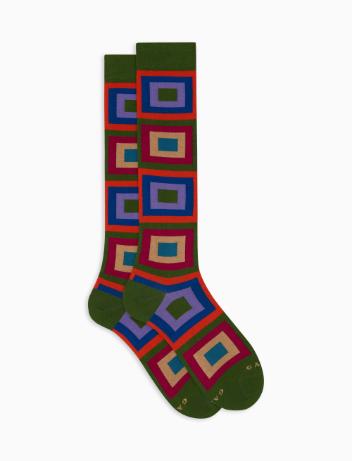 Men's green long cotton socks with concentric square pattern - Man | Gallo 1927 - Official Online Shop