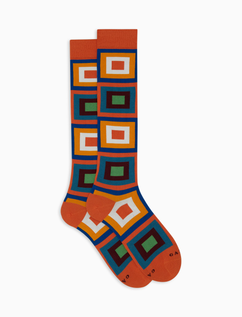Men's orange long cotton socks with concentric square pattern - Man | Gallo 1927 - Official Online Shop