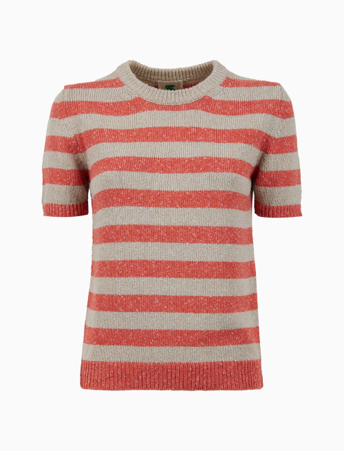 Women's orange crew neck cotton t-shirt with bicolor stripes - Knitwear | Gallo 1927 - Official Online Shop