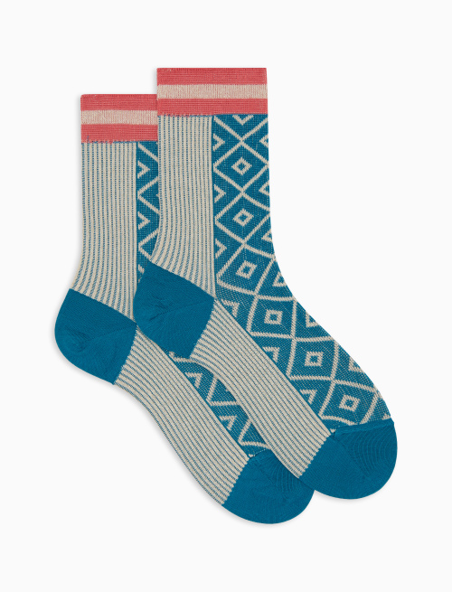 Calze corte donna cotone fantasia coste e rombi effetto scintillante azzurro - Gift ideas | Gallo 1927 - Official Online Shop