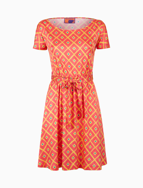 Women's red short dress with belt, short sleeves, and argyle pattern - Clothing | Gallo 1927 - Official Online Shop