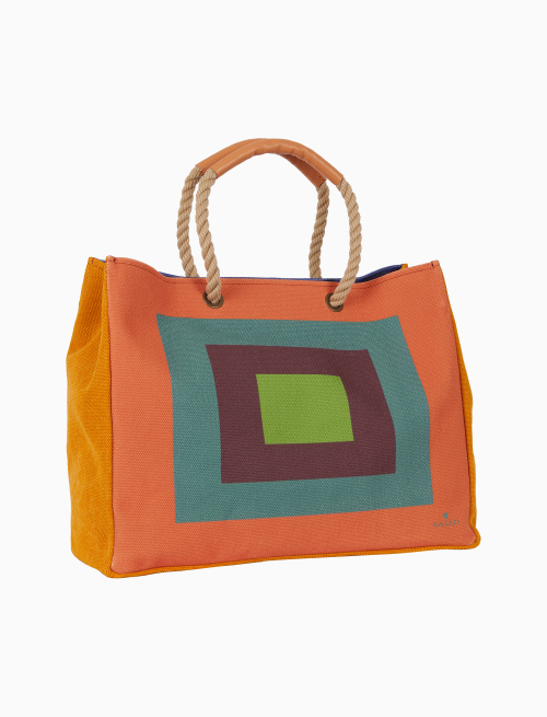 Borsa mare unisex in canvas di cotone fantasia quadri concentrici arancio - Borse | Gallo 1927 - Official Online Shop
