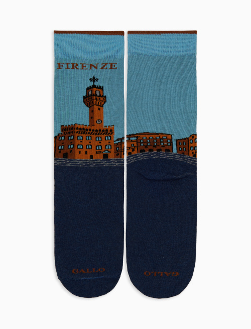 Women's short cotton socks, blue with Palazzo Vecchio in Florence pattern - Socks | Gallo 1927 - Official Online Shop